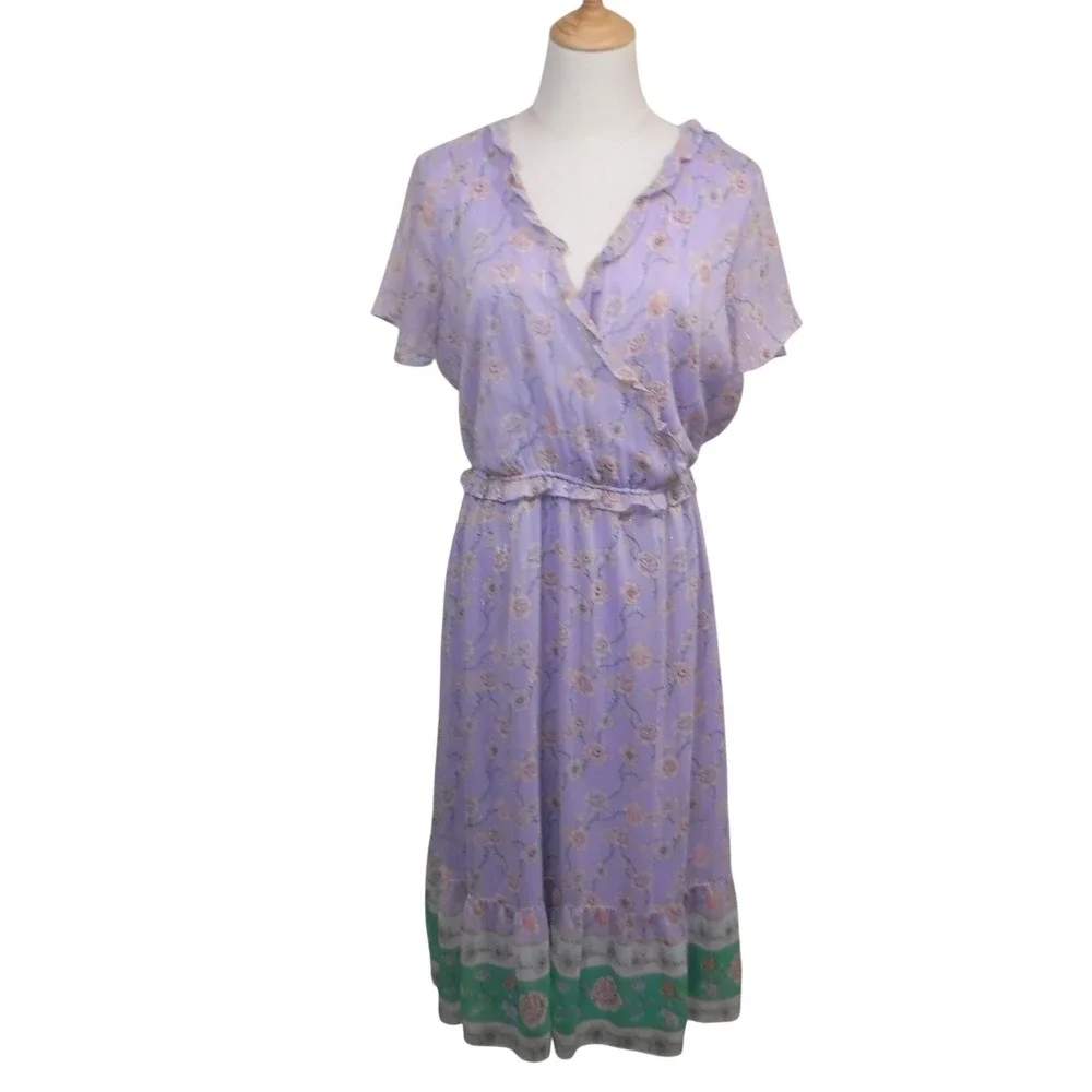 LC Lauren Conrad Floral Midi Dress Purple‎ Gold Metallic Stripe Ruffle Hem Large